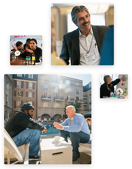 4 photos of people chatting at a conference