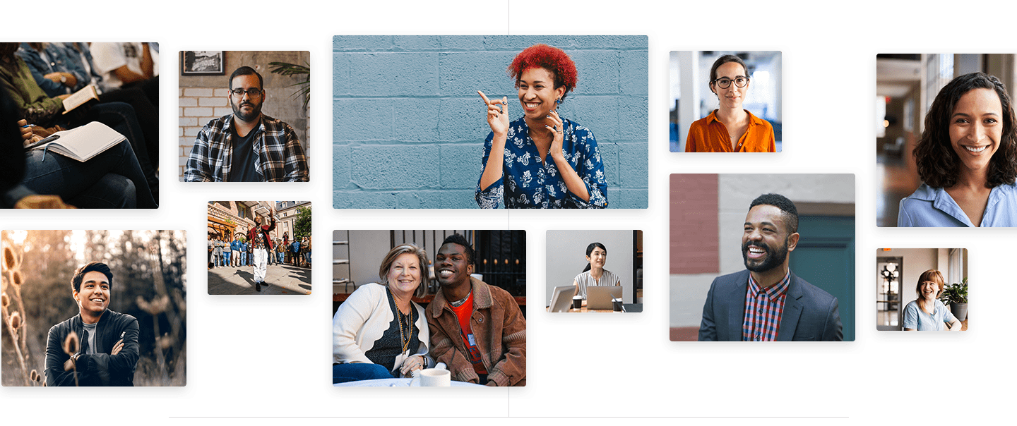 Collage of photos. Various individuals smiling optimistically.
